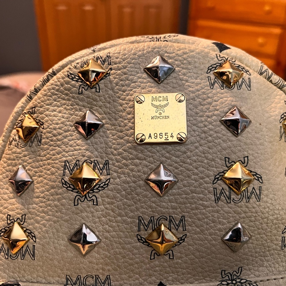 MCM Beige Visetos Silver and Gold Pyramid Studded Backpack with Dust Bag - Picture 7 of 16